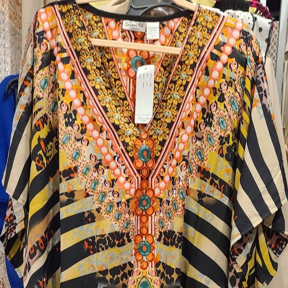 Sante Classics Kaftan Maxi Dress Tiger stripre animal /pearl print V Neck OS NEW - Picture 2 of 7